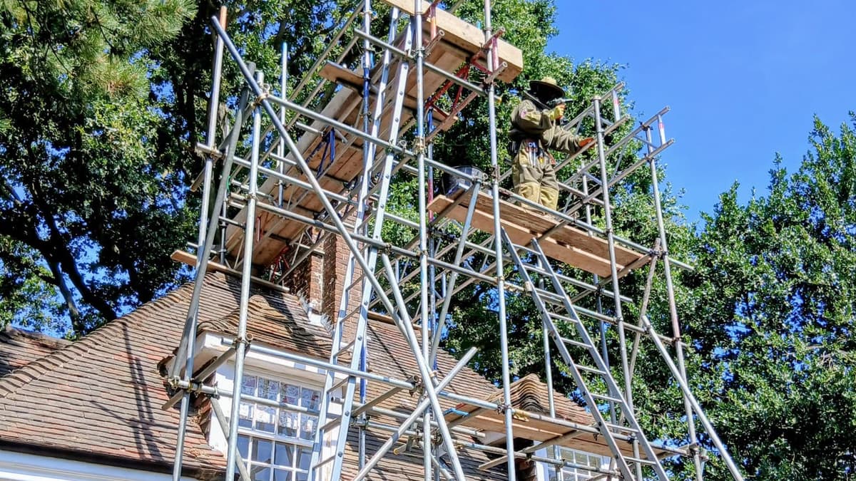 A pest operative in a bee suit at a chimney stack, working from an I.C. Scaffolding tower